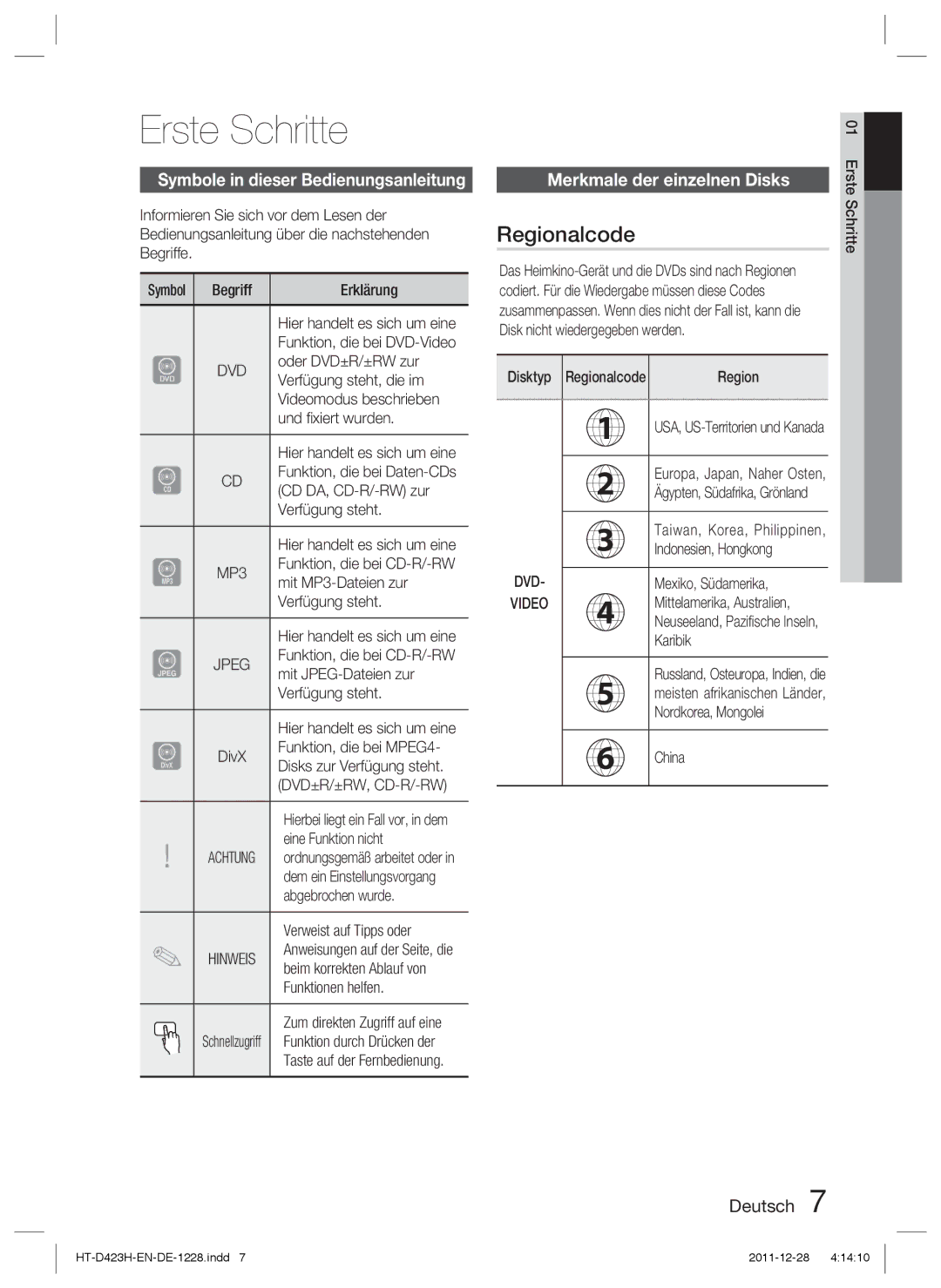 Samsung HT-D423H/XN Erste Schritte, Regionalcode, Symbole in dieser Bedienungsanleitung, Merkmale der einzelnen Disks, Dvd 