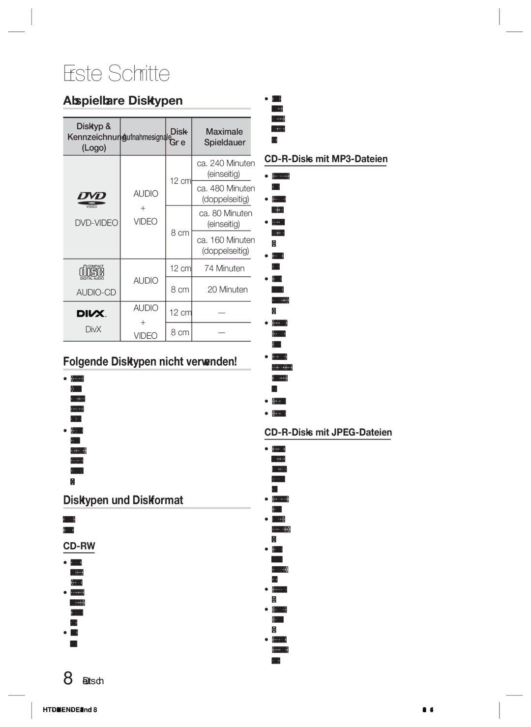 Samsung HT-D423H/ZF manual Abspielbare Disktypen, Disktypen und Diskformat, CD-R-Disks mit MP3-Dateien, Disktyp Maximale 