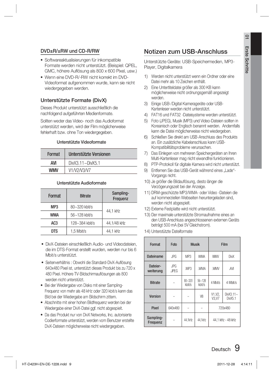 Samsung HT-D423H/XE, HT-D423H/EN, HT-D423H/XN Notizen zum USB-Anschluss, DVD±R/±RW und CD-R/RW, Unterstützte Formate DivX 