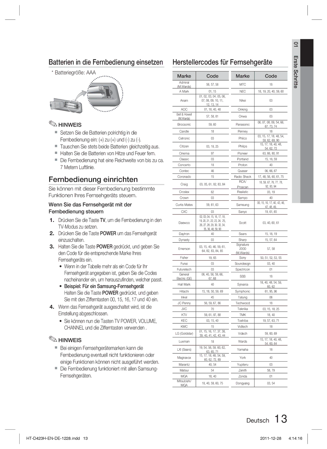 Samsung HT-D423H/XE Herstellercodes für Fernsehgeräte, Fernbedienung einrichten, Batterien in die Fernbedienung einsetzen 