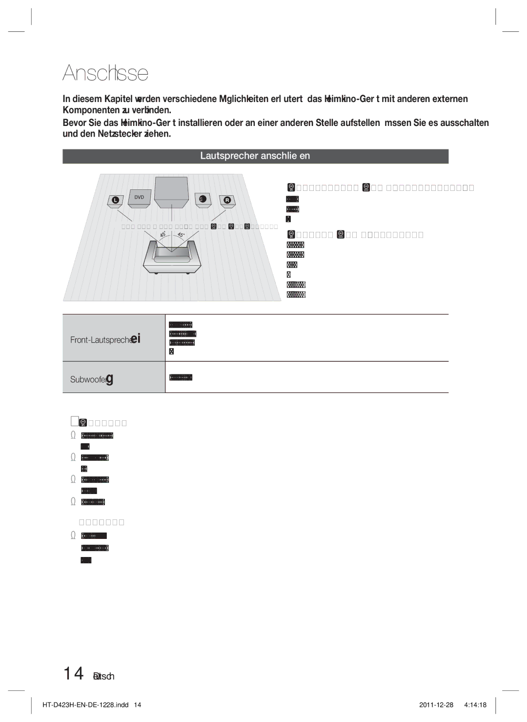 Samsung HT-D423H/EN, HT-D423H/XN, HT-D423H/ZF, HT-D423H/XE manual Anschlüsse, Lautsprecher anschließen, Achtung 