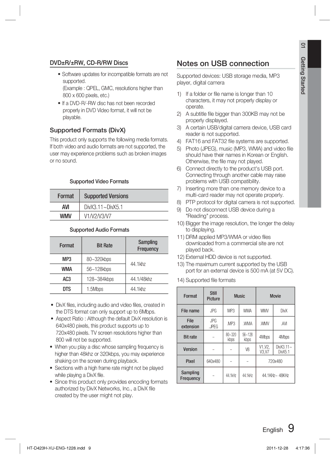 Samsung HT-D423H/XN, HT-D423H/EN, HT-D423H/ZF, HT-D423H/XE DVD±R/±RW, CD-R/RW Discs, Supported Formats DivX, V1/V2/V3/V7 