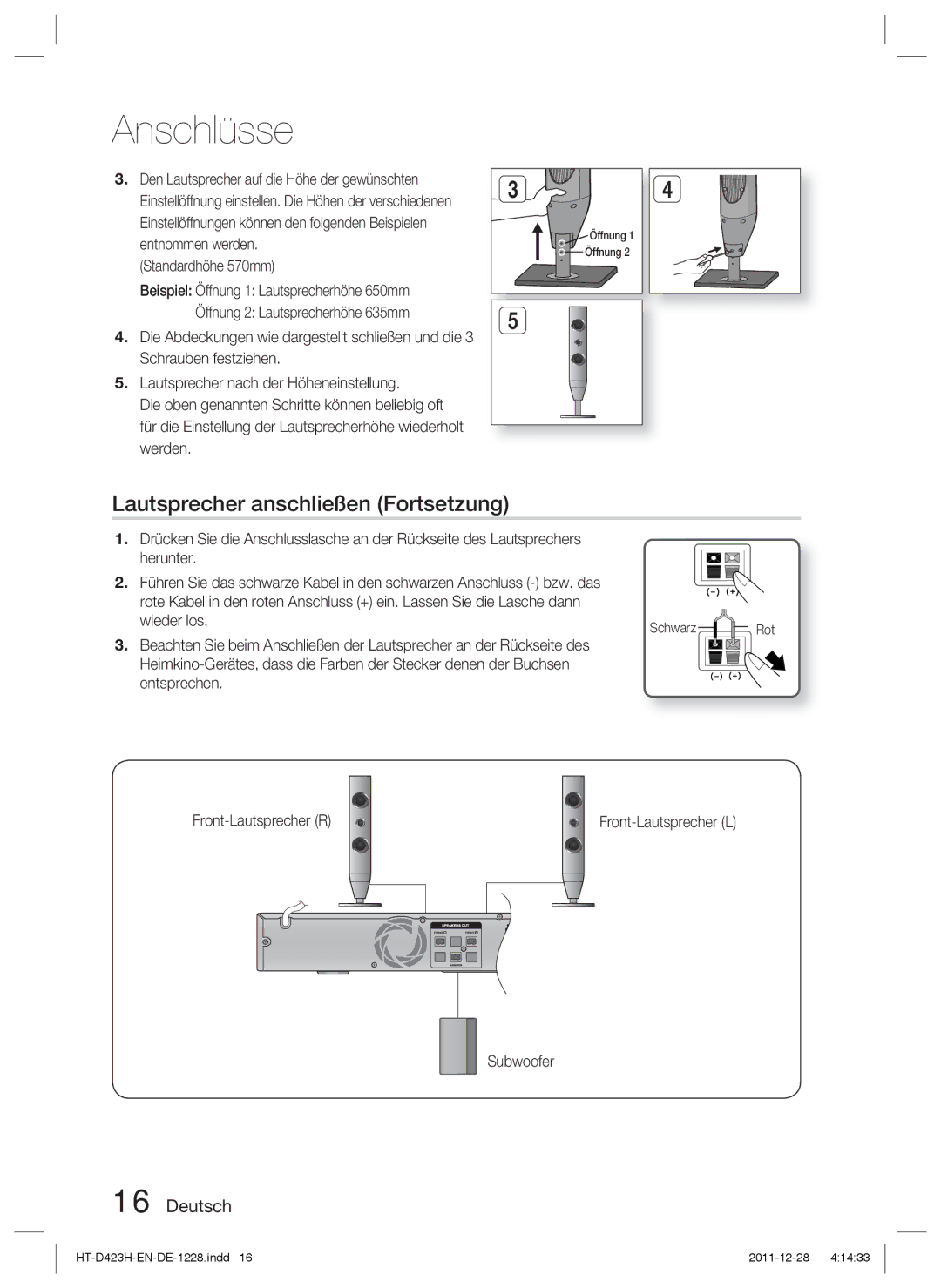 Samsung HT-D423H/ZF, HT-D423H/EN, HT-D423H/XN, HT-D423H/XE Lautsprecher anschließen Fortsetzung, Standardhöhe 570mm, Schwarz 