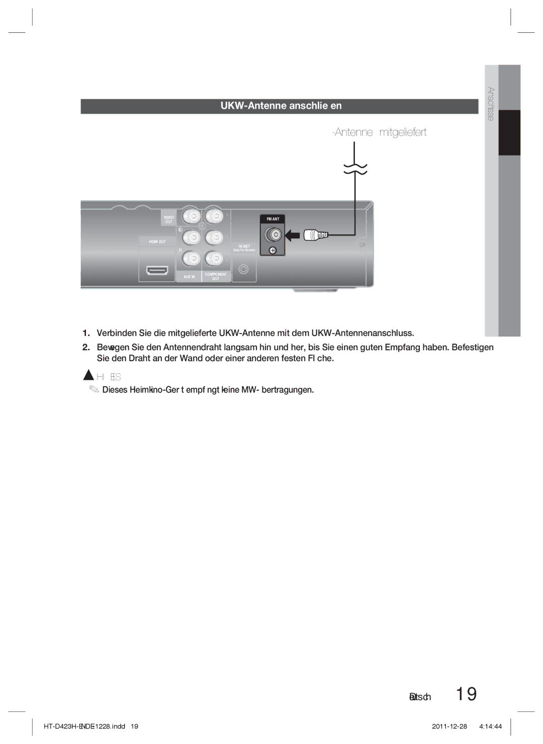 Samsung HT-D423H/XN, HT-D423H/EN, HT-D423H/ZF, HT-D423H/XE manual UKW-Antenne mitgeliefert, UKW-Antenne anschließen 