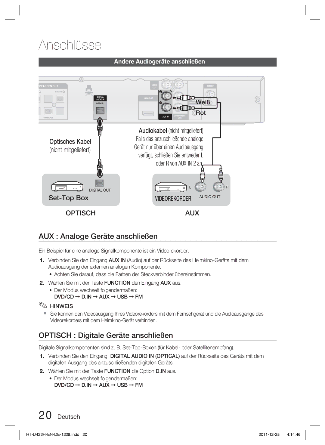 Samsung HT-D423H/ZF, HT-D423H/EN manual AUX Analoge Geräte anschließen, Optisch Digitale Geräte anschließen, Optisches Kabel 