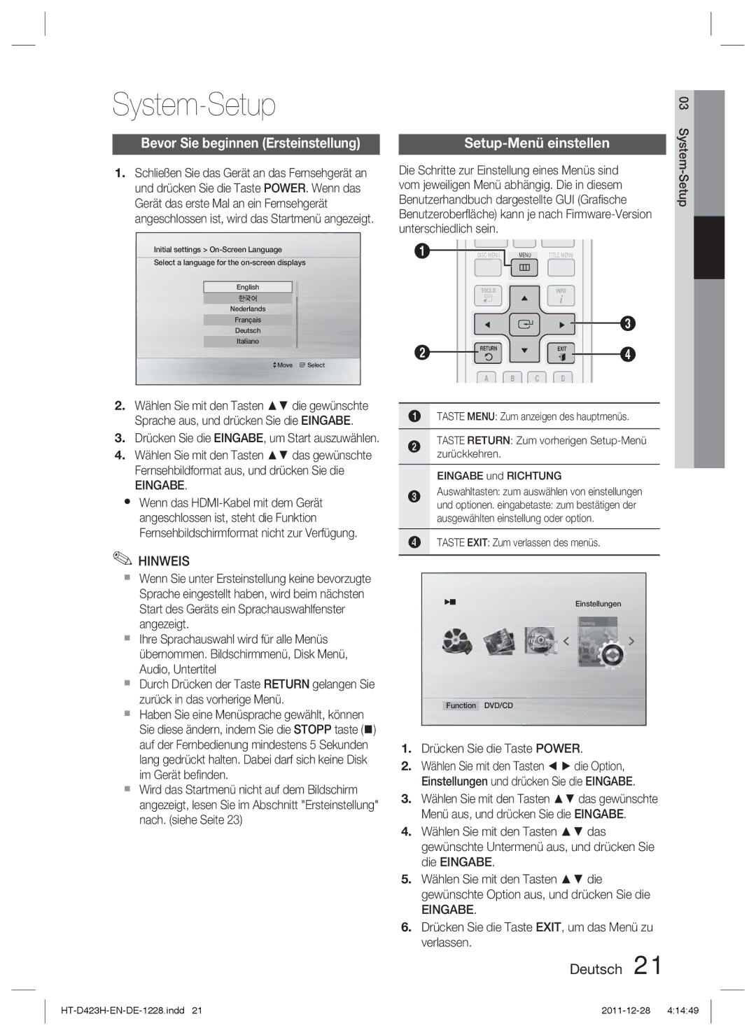 Samsung HT-D423H/XE, HT-D423H/EN, HT-D423H/XN, HT-D423H/ZF manual System-Setup, Bevor Sie beginnen Ersteinstellung, Eingabe 