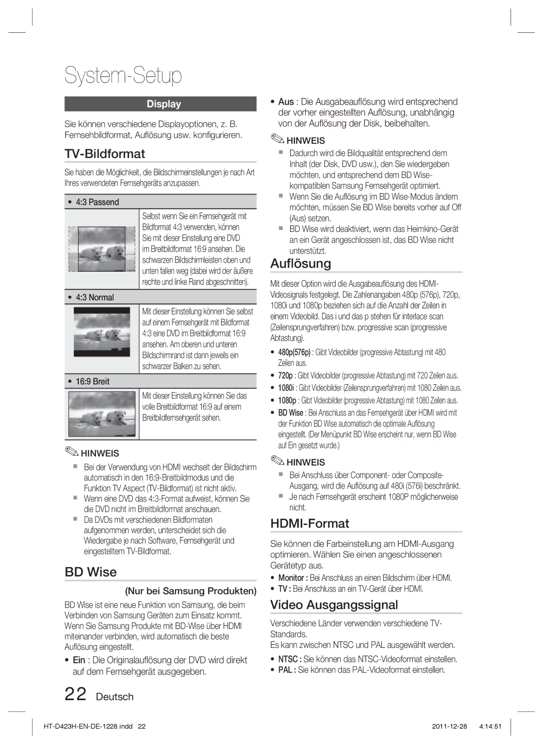 Samsung HT-D423H/EN, HT-D423H/XN, HT-D423H/ZF, HT-D423H/XE manual TV-Bildformat, Auﬂösung, HDMI-Format, Video Ausgangssignal 