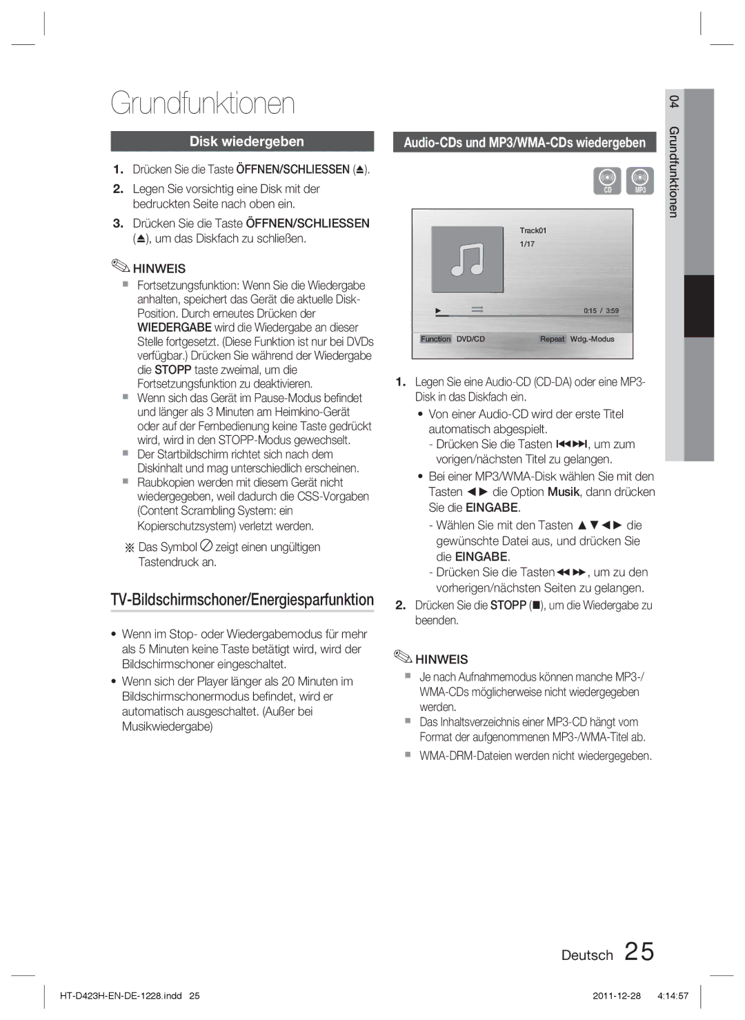 Samsung HT-D423H/XE, HT-D423H/EN, HT-D423H/XN Grundfunktionen, Disk wiedergeben, TV-Bildschirmschoner/Energiesparfunktion 