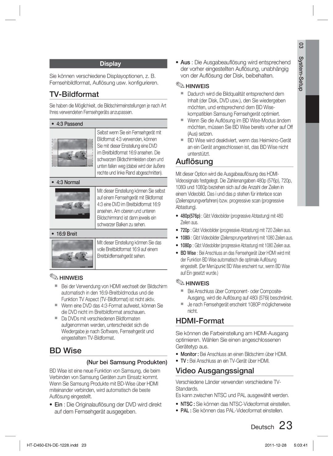 Samsung HT-D423H/EN, HT-D423H/XN, HT-D423H/ZF manual TV-Bildformat, Auﬂösung, HDMI-Format, Video Ausgangssignal, Display 