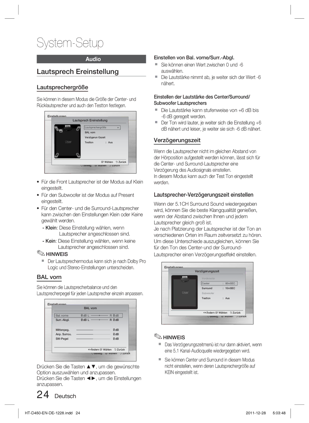 Samsung HT-D423H/XN, HT-D423H/EN, HT-D423H/ZF manual Lautsprech Ereinstellung, Lautsprechergröße, BAL vorn, Verzögerungszeit 