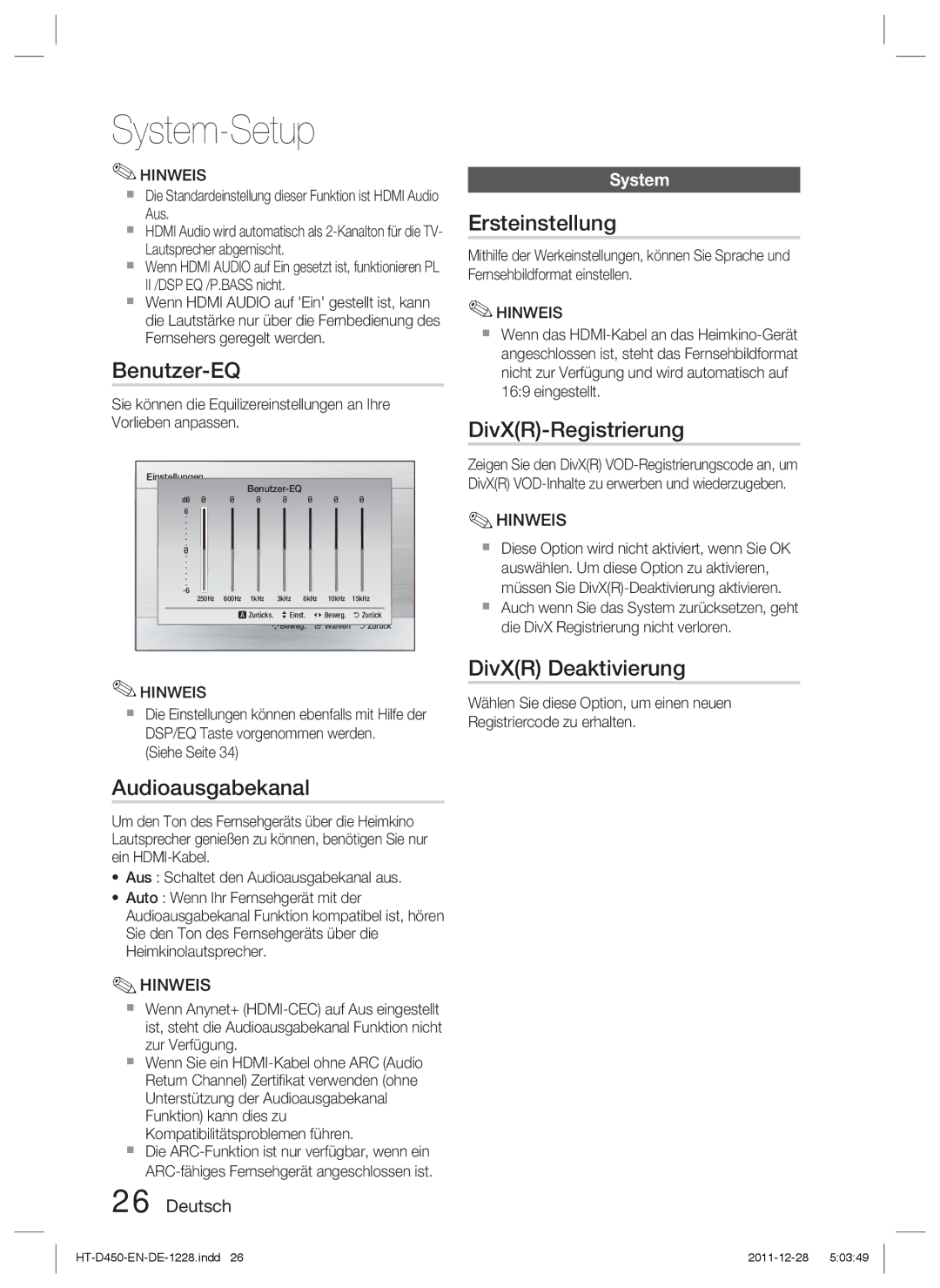 Samsung HT-D423H/EN, HT-D423H/XN Benutzer-EQ, Ersteinstellung, DivXR-Registrierung, Audioausgabekanal, DivXR Deaktivierung 