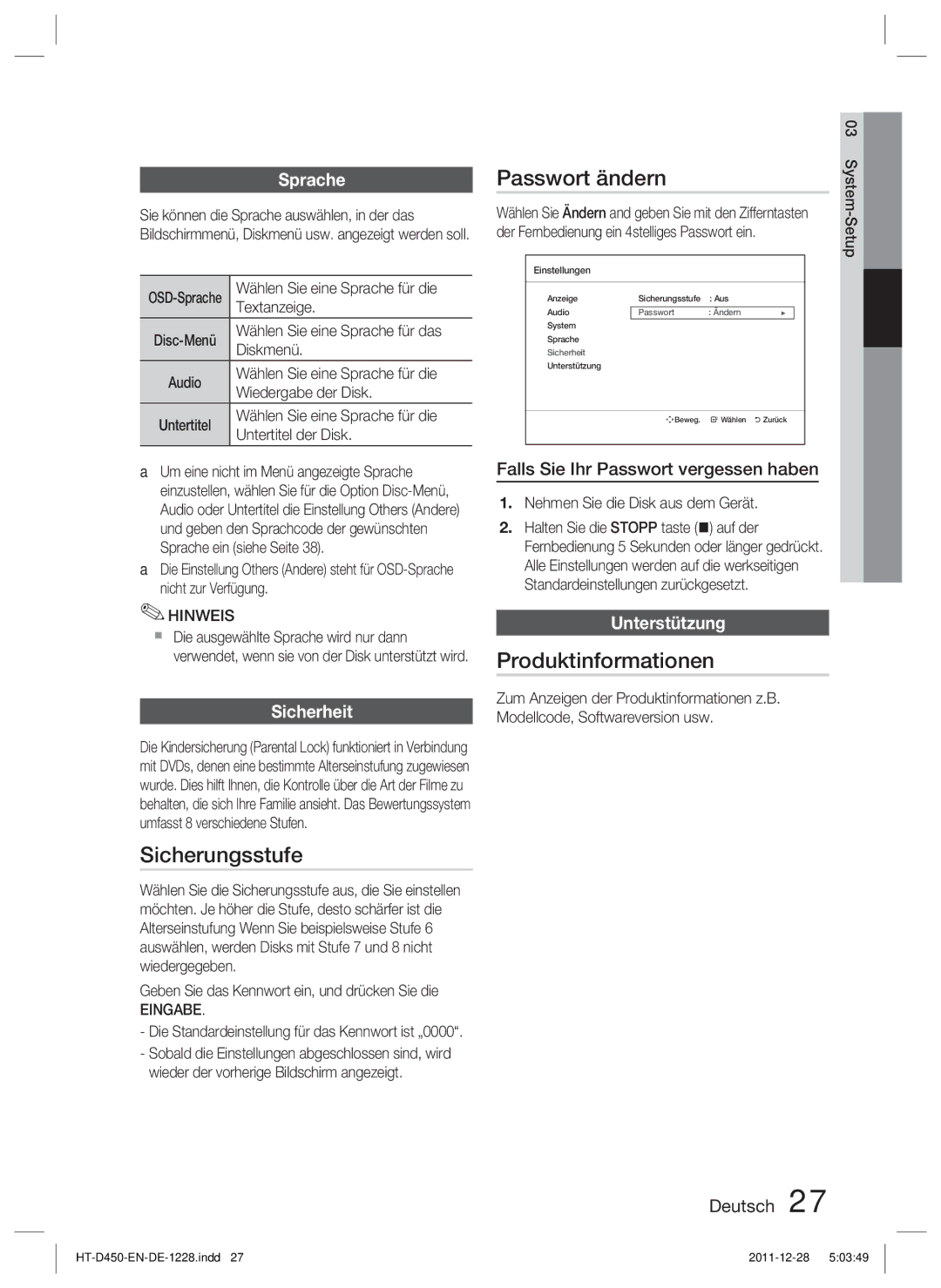 Samsung HT-D423H/XN, HT-D423H/EN, HT-D423H/ZF manual Sicherungsstufe, Passwort ändern, Produktinformationen 