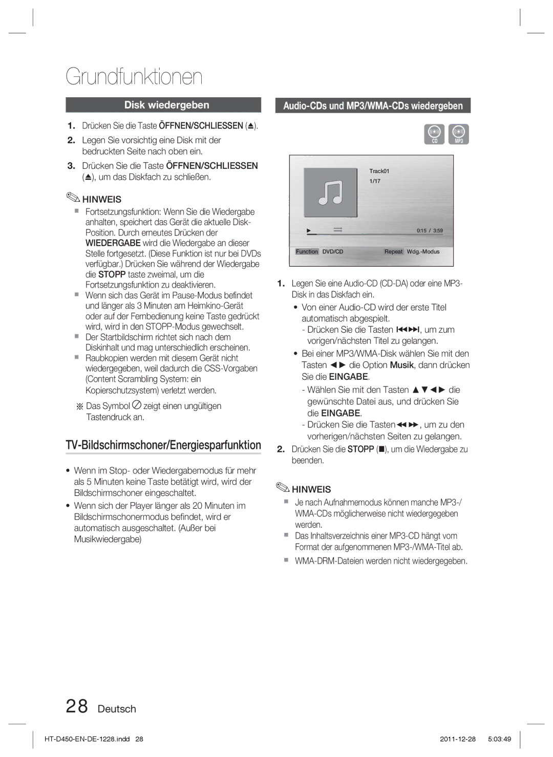 Samsung HT-D423H/ZF, HT-D423H/EN, HT-D423H/XN Grundfunktionen, Disk wiedergeben, TV-Bildschirmschoner/Energiesparfunktion 