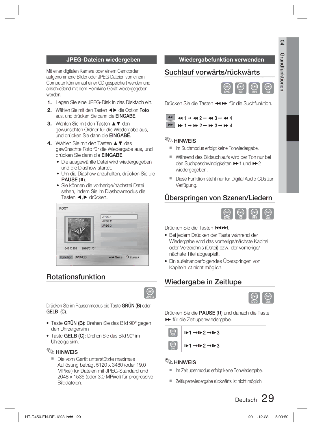 Samsung HT-D423H/EN, HT-D423H/XN manual Rotationsfunktion, Suchlauf vorwärts/rückwärts, Überspringen von Szenen/Liedern 