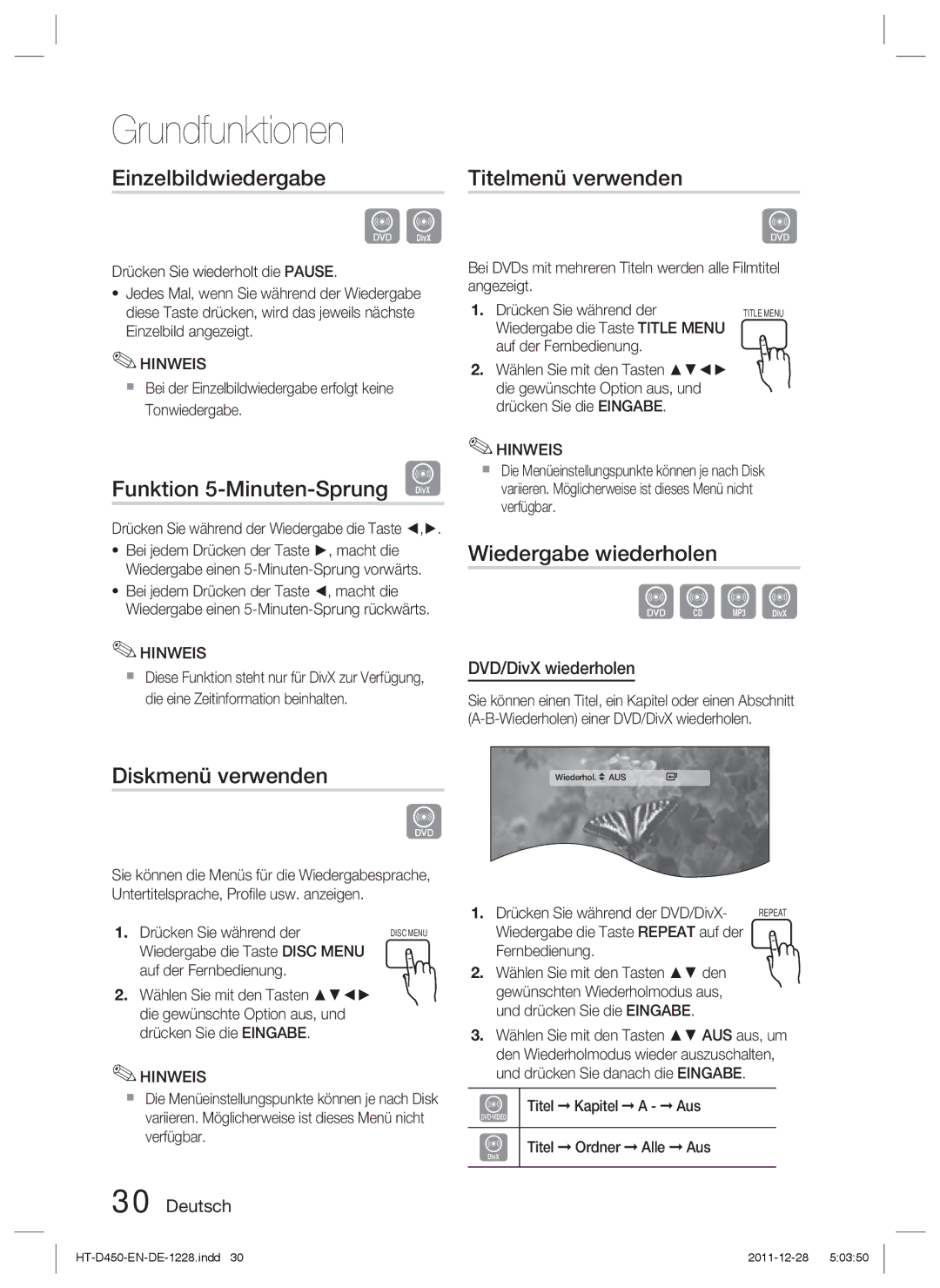 Samsung HT-D423H/XN manual Einzelbildwiedergabe, Funktion 5-Minuten-Sprung D, Diskmenü verwenden, Titelmenü verwenden 