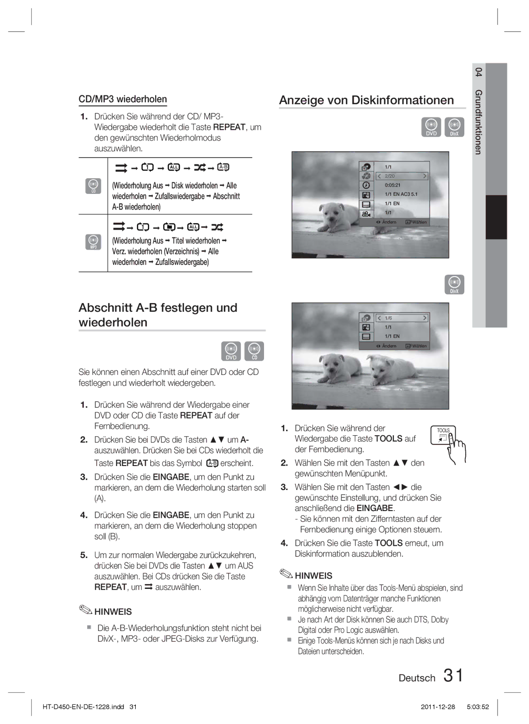 Samsung HT-D423H/ZF, HT-D423H/EN, HT-D423H/XN manual Anzeige von Diskinformationen, Abschnitt A-B festlegen und wiederholen 