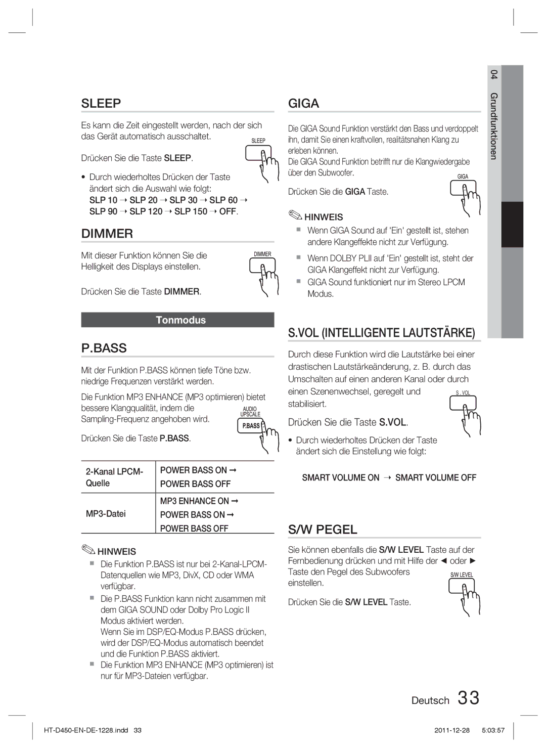 Samsung HT-D423H/XN, HT-D423H/EN, HT-D423H/ZF manual Tonmodus, Drücken Sie die Taste S.VOL 