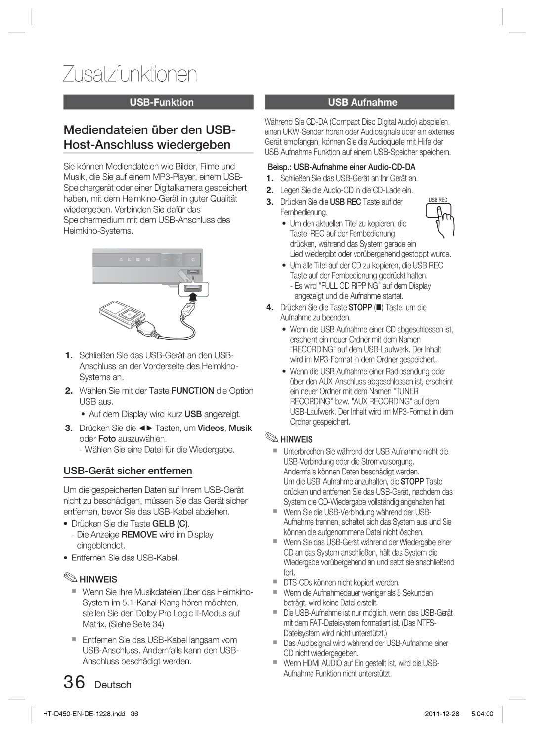 Samsung HT-D423H/XN Zusatzfunktionen, Mediendateien über den USB- Host-Anschluss wiedergeben, USB-Funktion, USB Aufnahme 