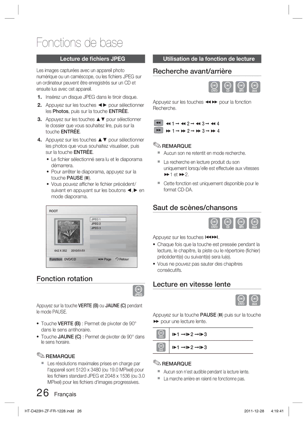 Samsung HT-D423H/ZF manual Fonction rotation, Recherche avant/arrière, Saut de scènes/chansons, Lecture en vitesse lente 