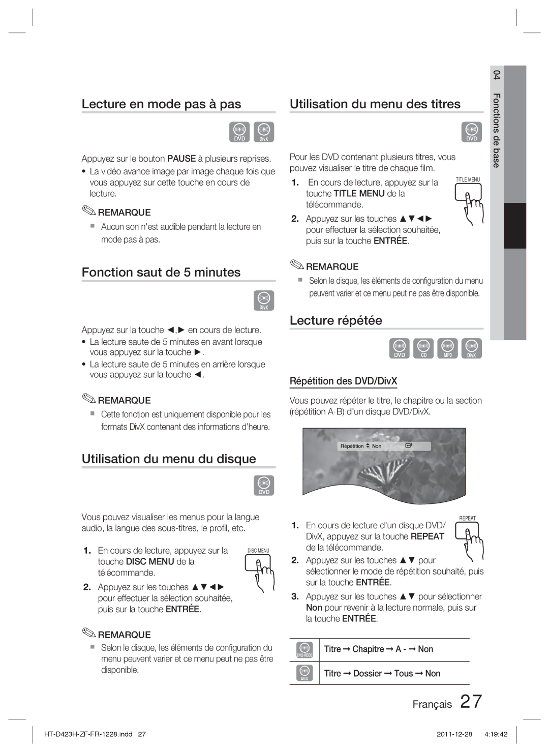 Samsung HT-D423H/EN Lecture en mode pas à pas, Fonction saut de 5 minutes, Utilisation du menu du disque, Lecture répétée 