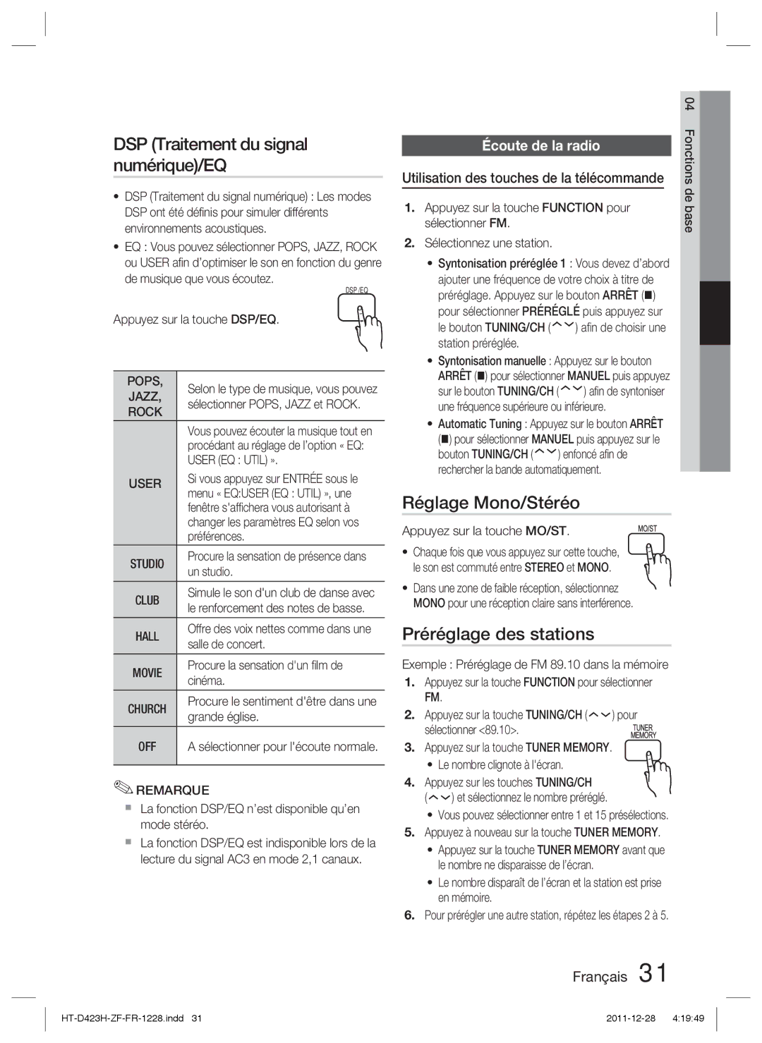 Samsung HT-D423H/XN, HT-D423H/EN manual DSP Traitement du signal numérique/EQ, Réglage Mono/Stéréo, Préréglage des stations 