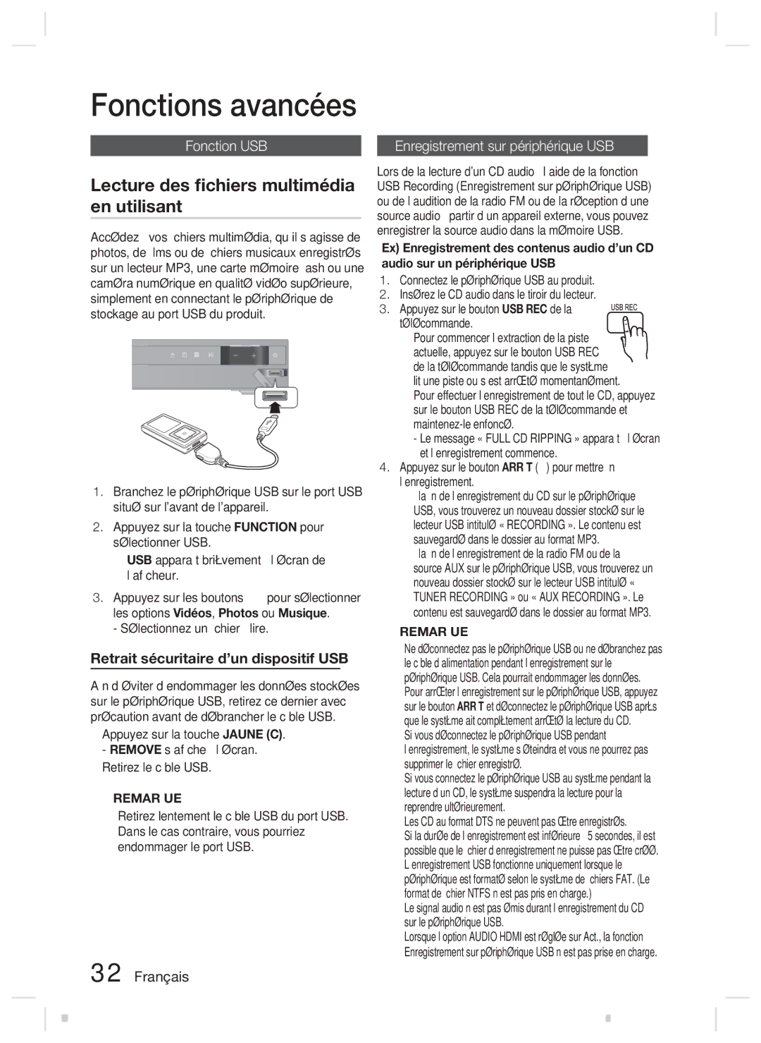 Samsung HT-D423H/ZF Lecture des ﬁchiers multimédia en utilisant, Fonction USB, Retrait sécuritaire d’un dispositif USB 