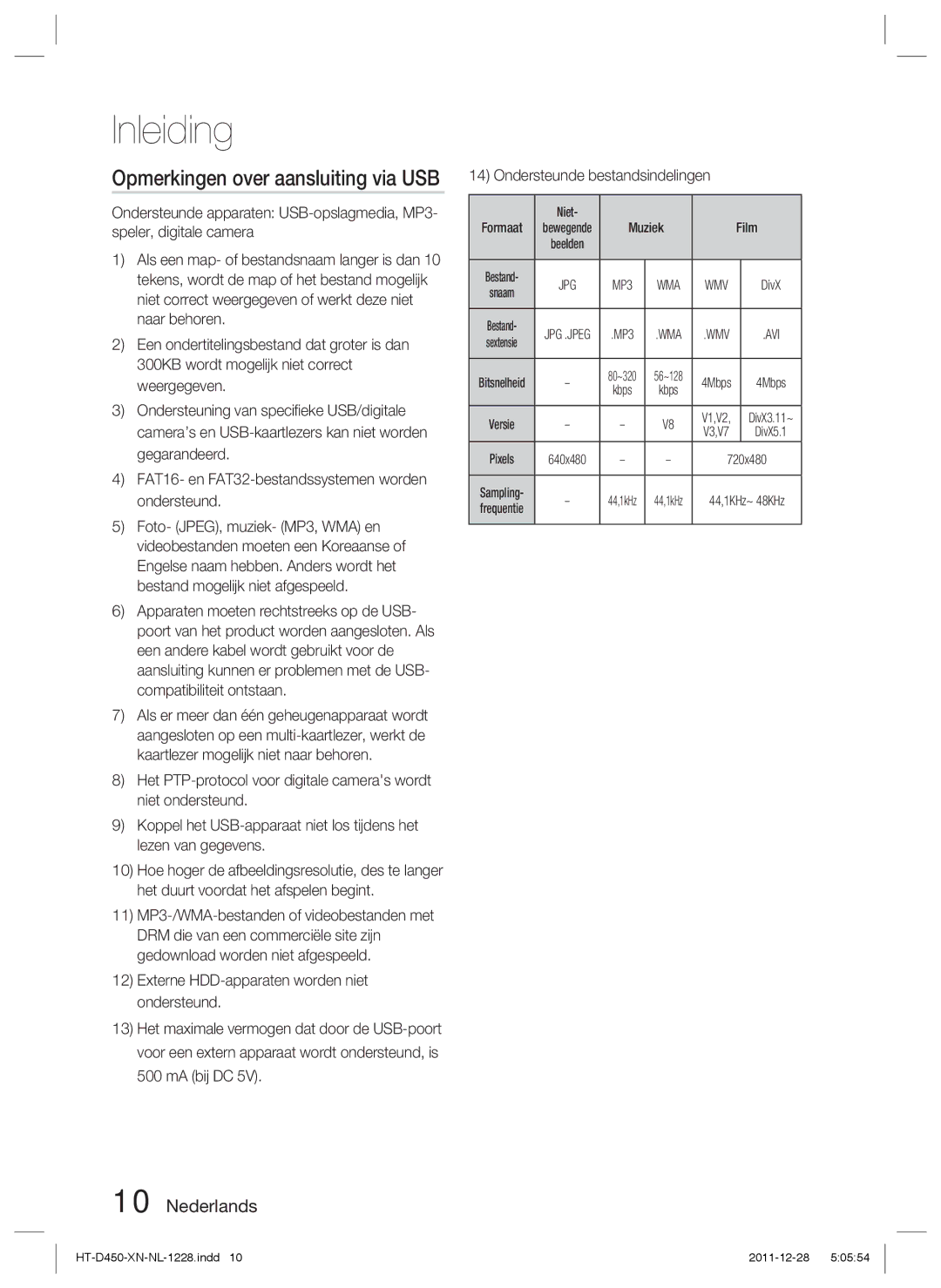 Samsung HT-D423H/ZF manual Opmerkingen over aansluiting via USB, FAT16- en FAT32-bestandssystemen worden ondersteund, Kbps 