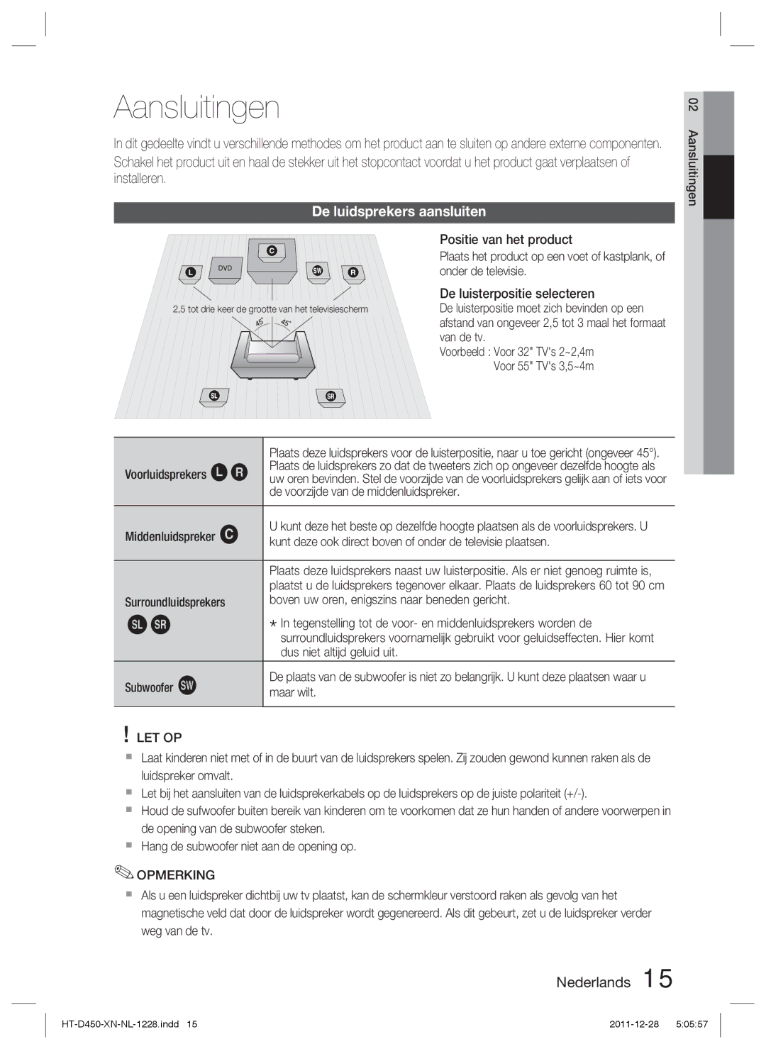 Samsung HT-D423H/XN, HT-D423H/EN, HT-D423H/ZF manual Aansluitingen, De luidsprekers aansluiten, Let Op 