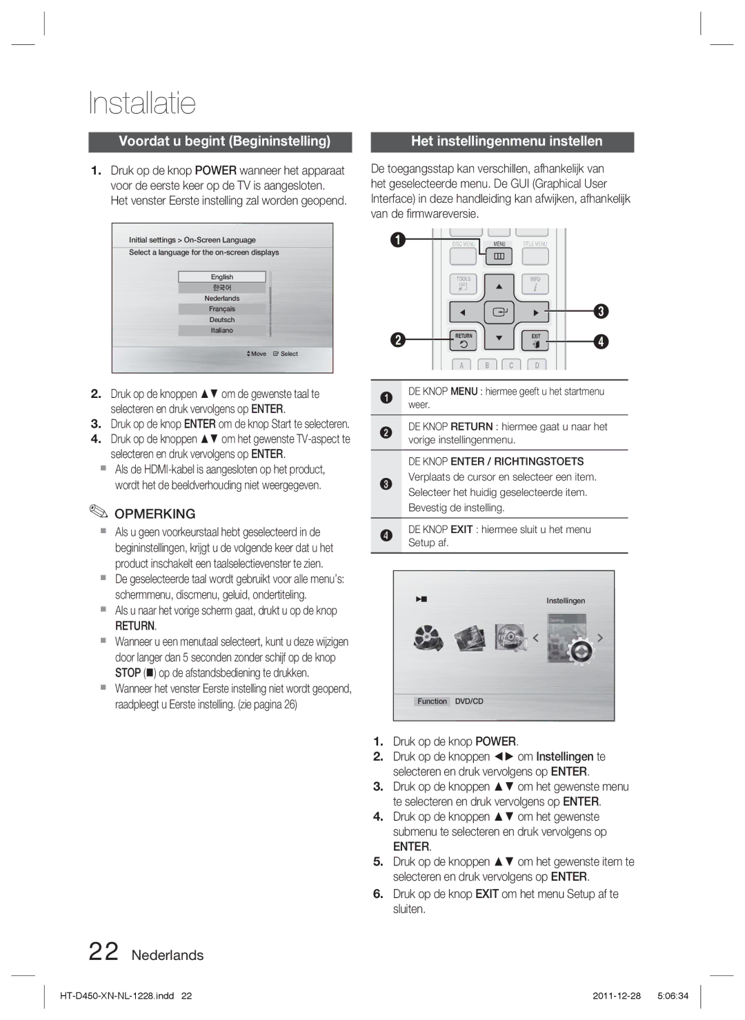 Samsung HT-D423H/ZF manual Installatie, Voordat u begint Begininstelling, Het instellingenmenu instellen, Return, Enter 