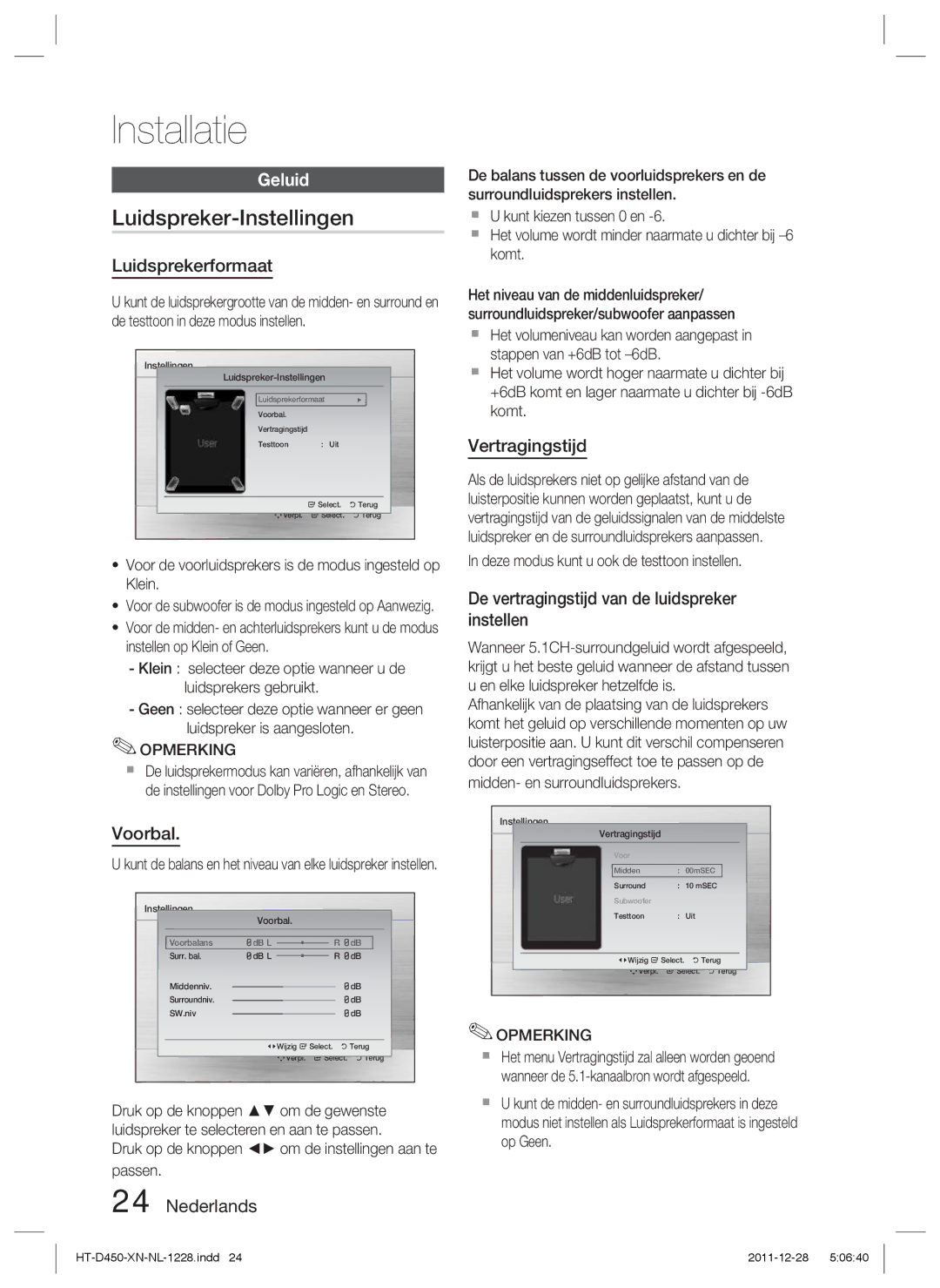 Samsung HT-D423H/XN, HT-D423H/EN, HT-D423H/ZF manual Luidspreker-Instellingen, Geluid 