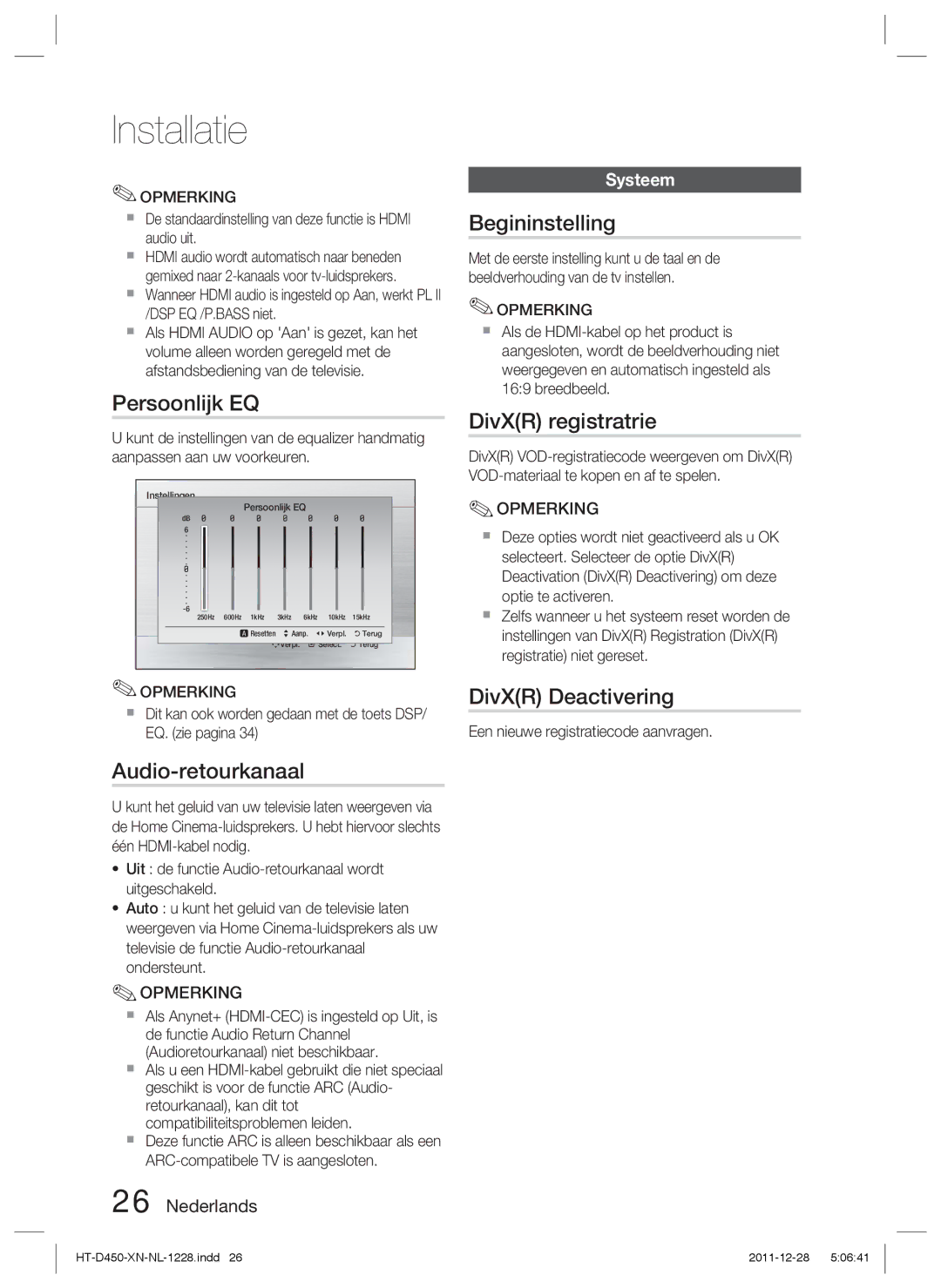 Samsung HT-D423H/EN manual Persoonlijk EQ, Audio-retourkanaal, Begininstelling, DivXR registratrie, DivXR Deactivering 