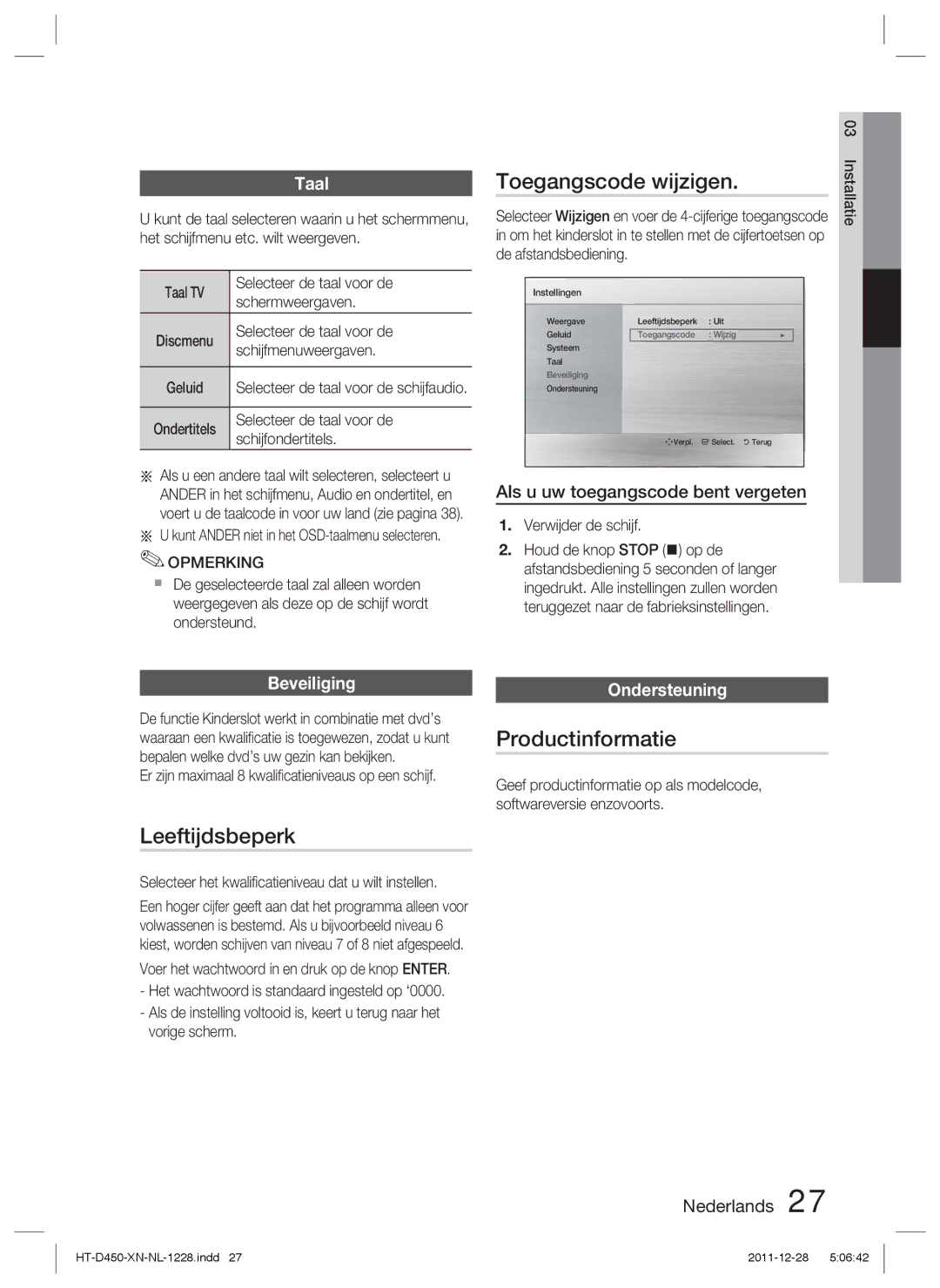 Samsung HT-D423H/XN, HT-D423H/EN, HT-D423H/ZF manual Toegangscode wijzigen, Leeftijdsbeperk, Productinformatie 