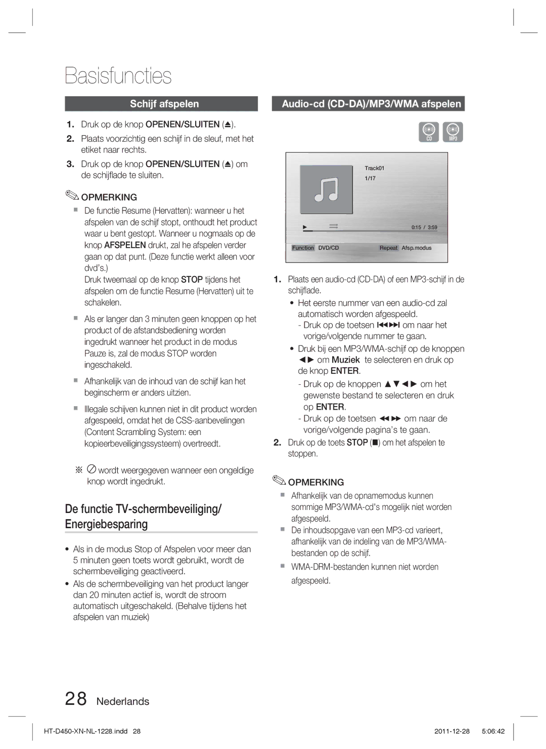 Samsung HT-D423H/ZF, HT-D423H/EN manual Basisfuncties, Schijf afspelen, De functie TV-schermbeveiliging/ Energiebesparing 