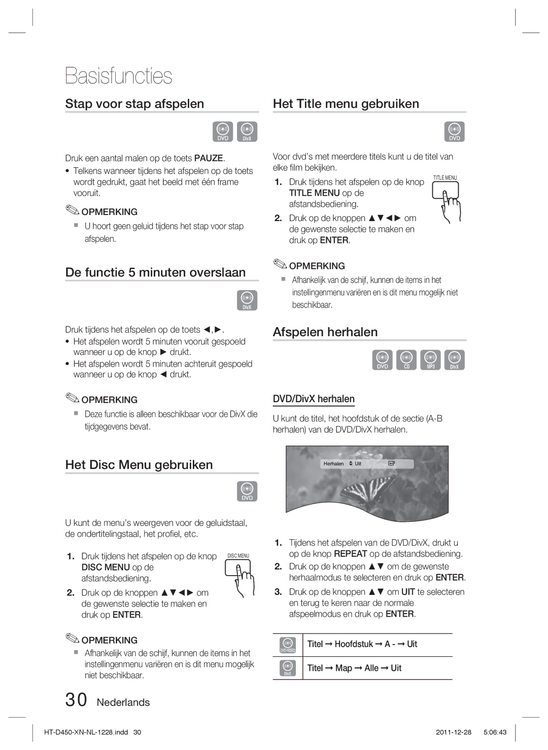 Samsung HT-D423H/XN Stap voor stap afspelen, Het Title menu gebruiken, De functie 5 minuten overslaan, Afspelen herhalen 