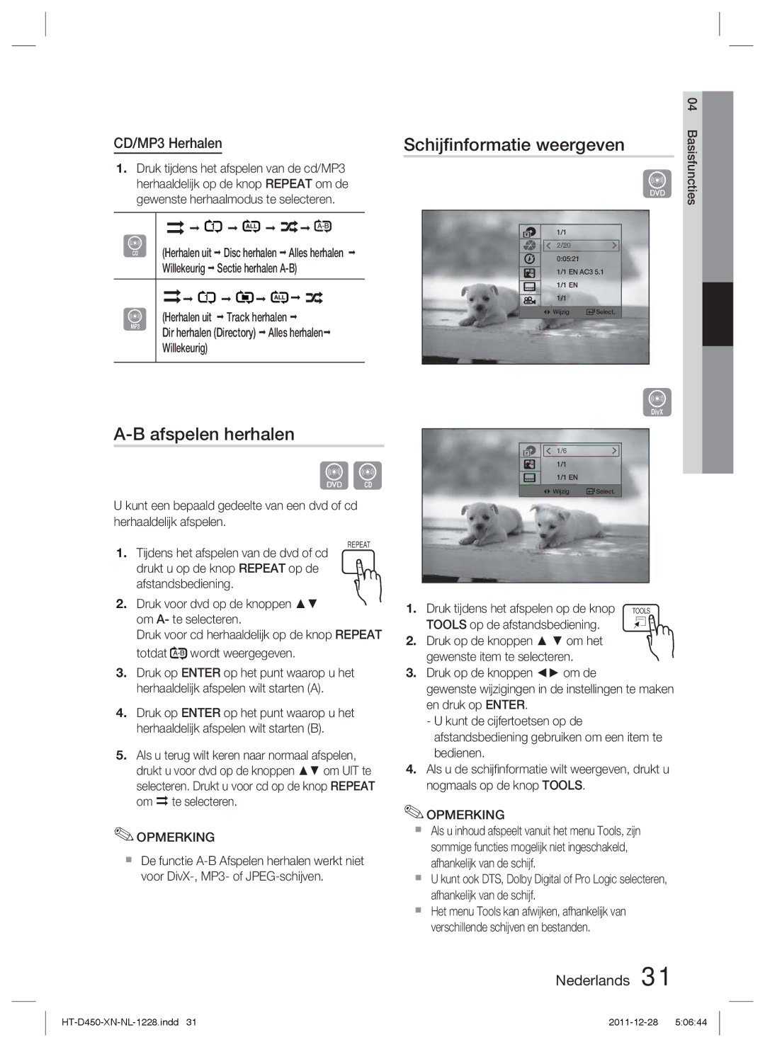 Samsung HT-D423H/ZF, HT-D423H/EN, HT-D423H/XN manual Schijﬁnformatie weergeven, CD/MP3 Herhalen 