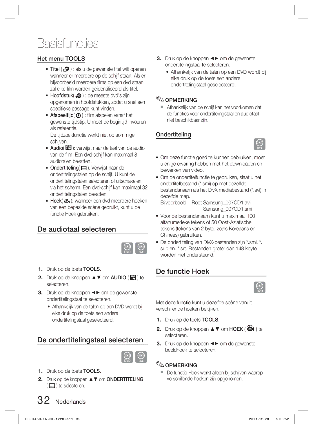 Samsung HT-D423H/EN manual De audiotaal selecteren, De ondertitelingstaal selecteren, De functie Hoek, Het menu Tools 