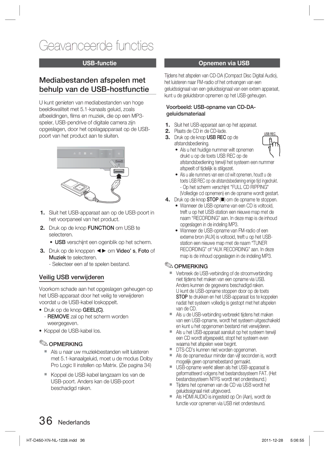 Samsung HT-D423H/XN manual Mediabestanden afspelen met behulp van de USB-hostfunctie, USB-functie, Veilig USB verwijderen 