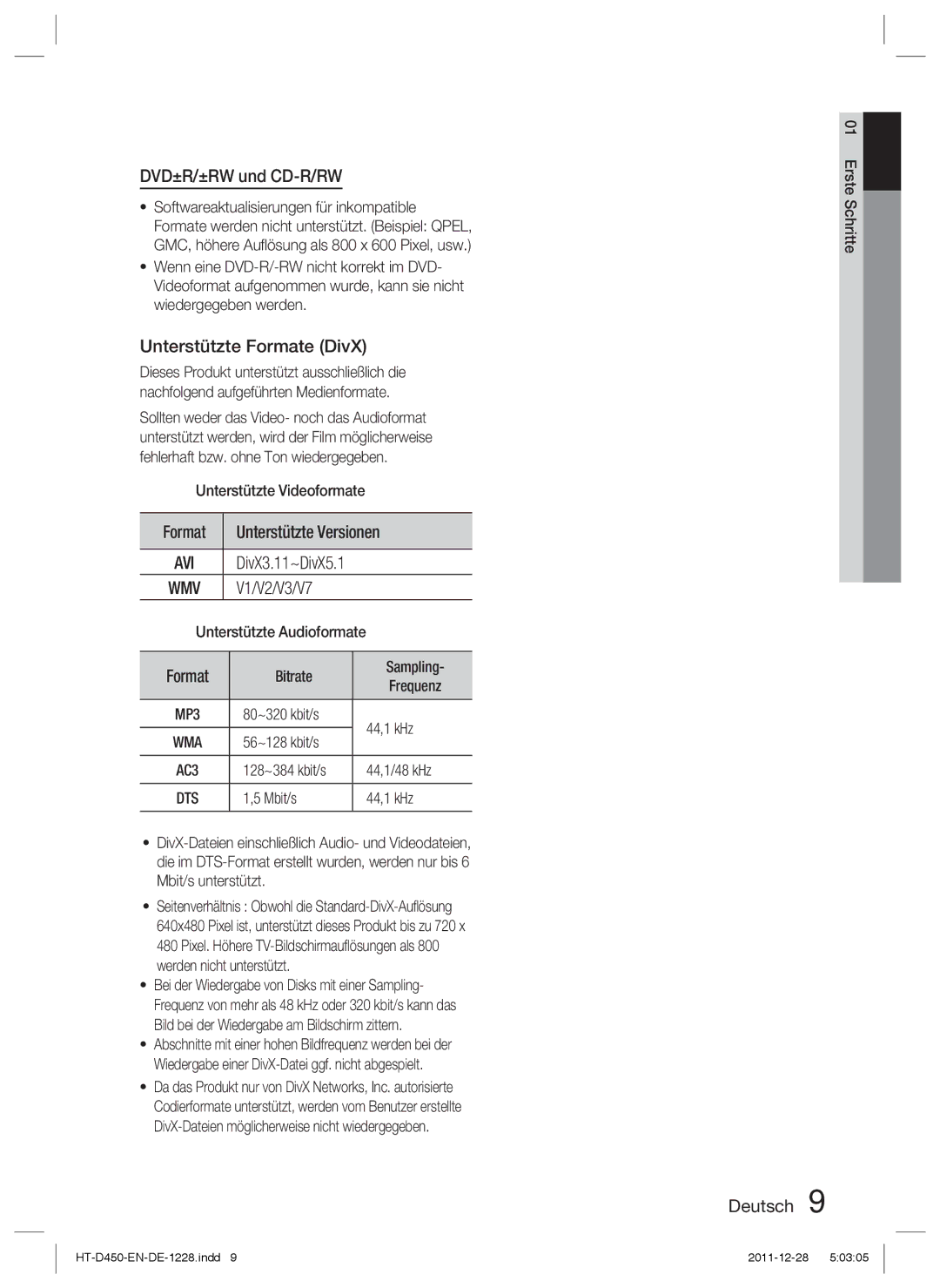 Samsung HT-D423H/XN, HT-D423H/EN manual DVD±R/±RW und CD-R/RW, Unterstützte Formate DivX, Format Unterstützte Versionen 