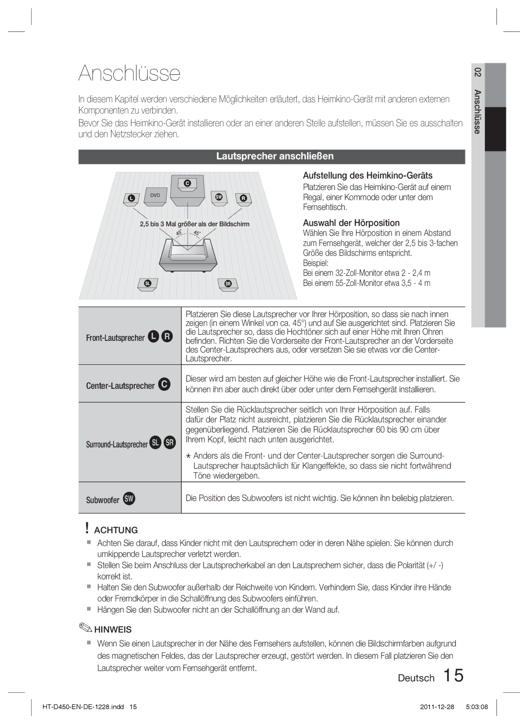 Samsung HT-D423H/XN, HT-D423H/EN, HT-D423H/ZF manual Anschlüsse, Lautsprecher anschließen, Achtung 