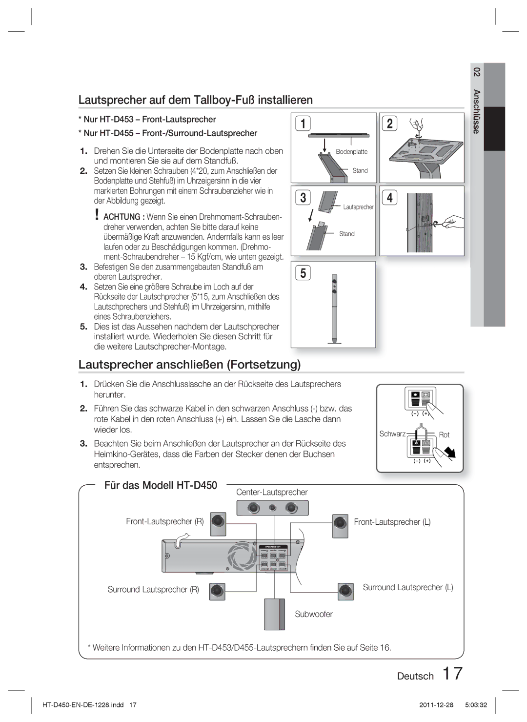 Samsung HT-D423H/EN manual Lautsprecher auf dem Tallboy-Fuß installieren, Lautsprecher anschließen Fortsetzung, Schwarz 