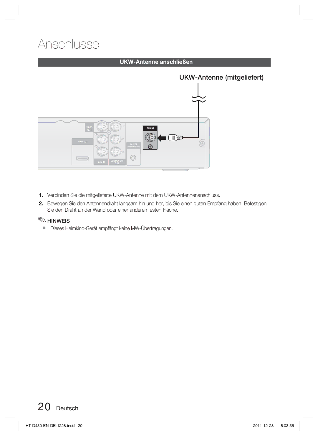 Samsung HT-D423H/EN, HT-D423H/XN, HT-D423H/ZF manual UKW-Antenne mitgeliefert, UKW-Antenne anschließen 