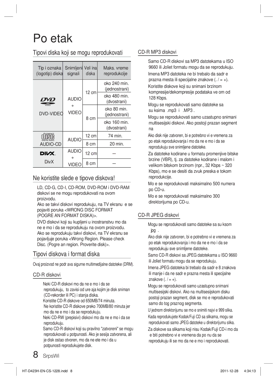 Samsung HT-D423H/EN manual Ne koristite sledeće tipove diskova, Tipovi diskova i format diska 