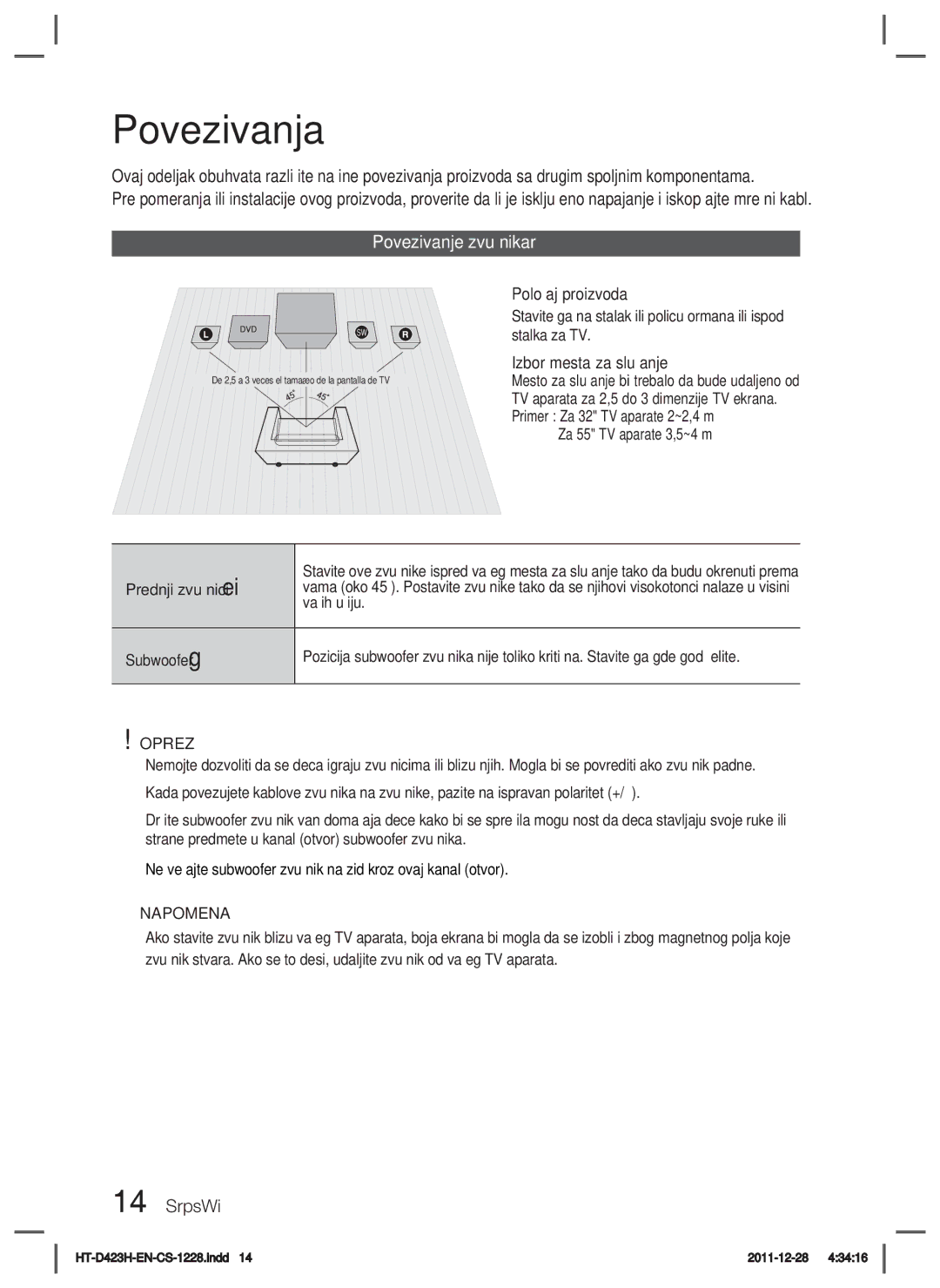 Samsung HT-D423H/EN manual Povezivanja, Povezivanje zvučnikar, Oprez 