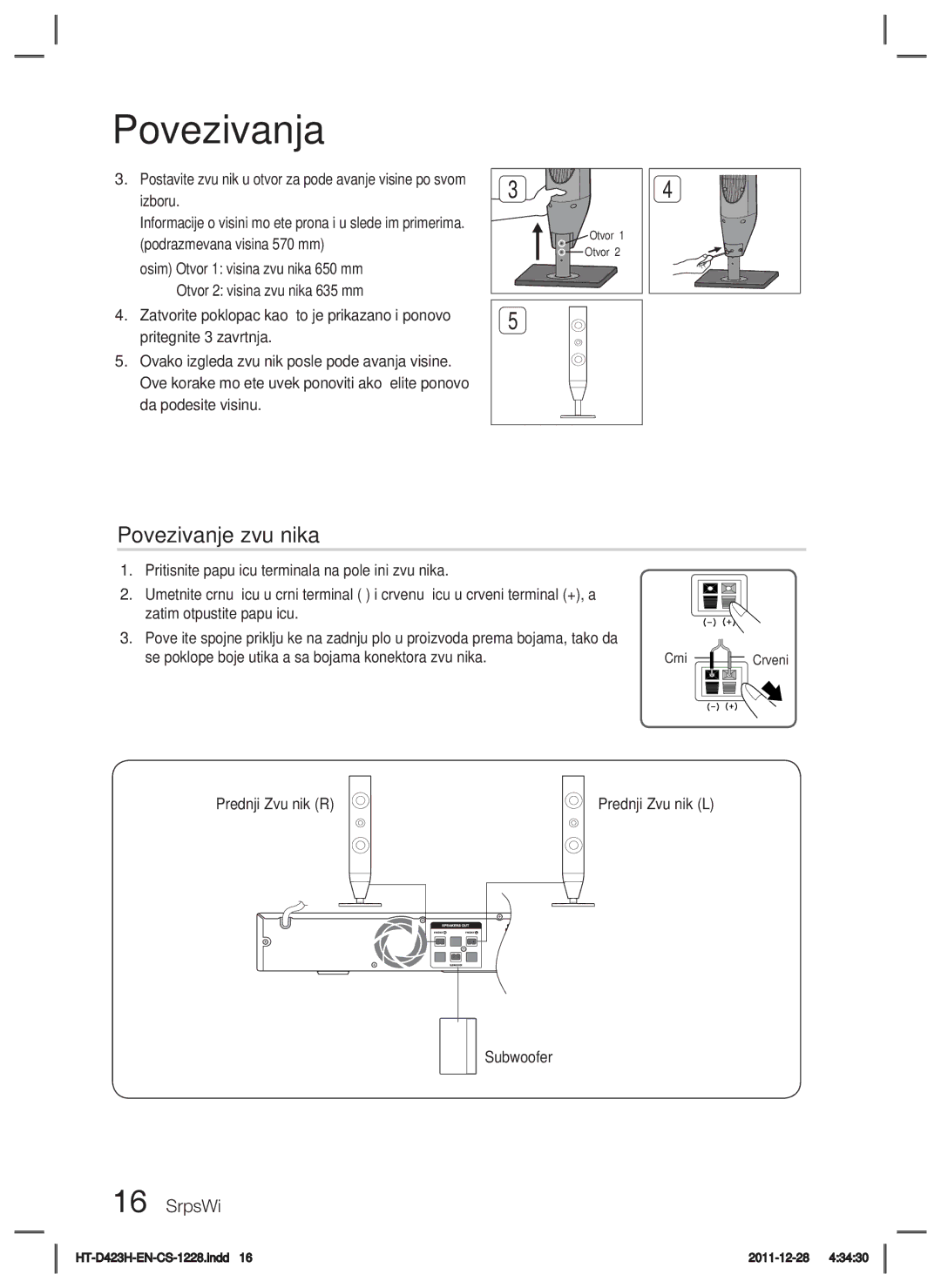 Samsung HT-D423H/EN manual Povezivanje zvučnika, Prednji Zvučnik R Prednji Zvučnik L Subwoofer, Crveni 