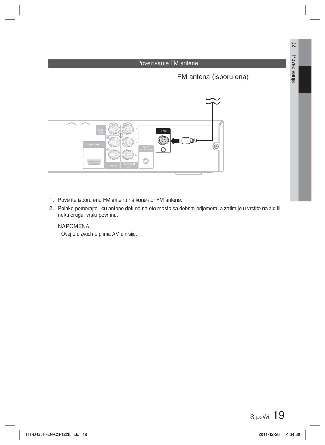 Samsung HT-D423H/EN manual FM antena isporučena, Povezivanje FM antene,  Ovaj proizvod ne prima AM emisije 