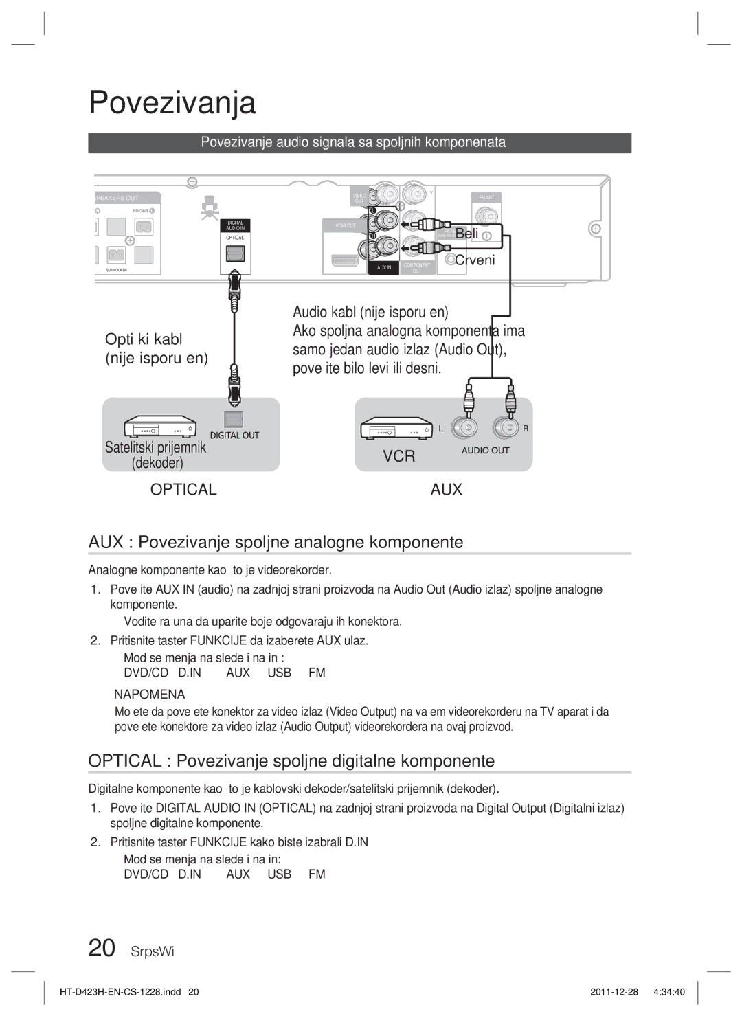 Samsung HT-D423H/EN manual AUX Povezivanje spoljne analogne komponente, Optical Povezivanje spoljne digitalne komponente 