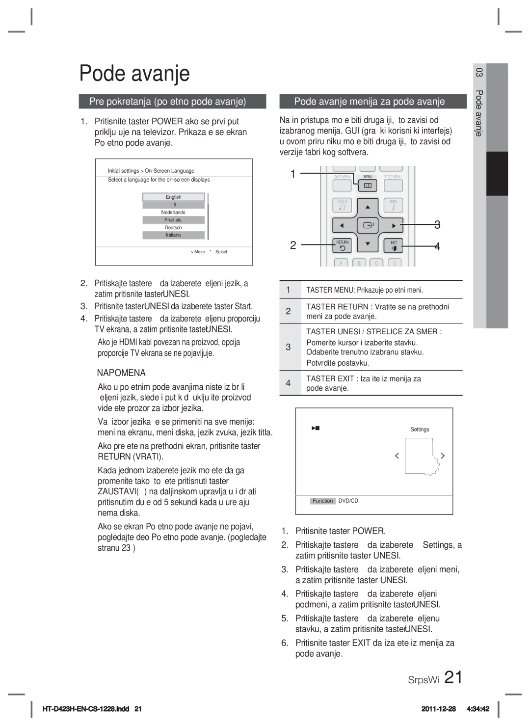 Samsung HT-D423H/EN manual Pre pokretanja početno podešavanje, Podešavanje menija za podešavanje 