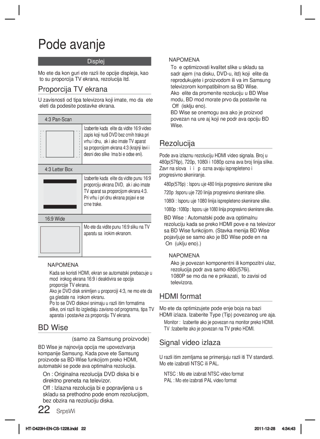 Samsung HT-D423H/EN manual Proporcija TV ekrana, Rezolucija, Hdmi format, Signal video izlaza, Displej 