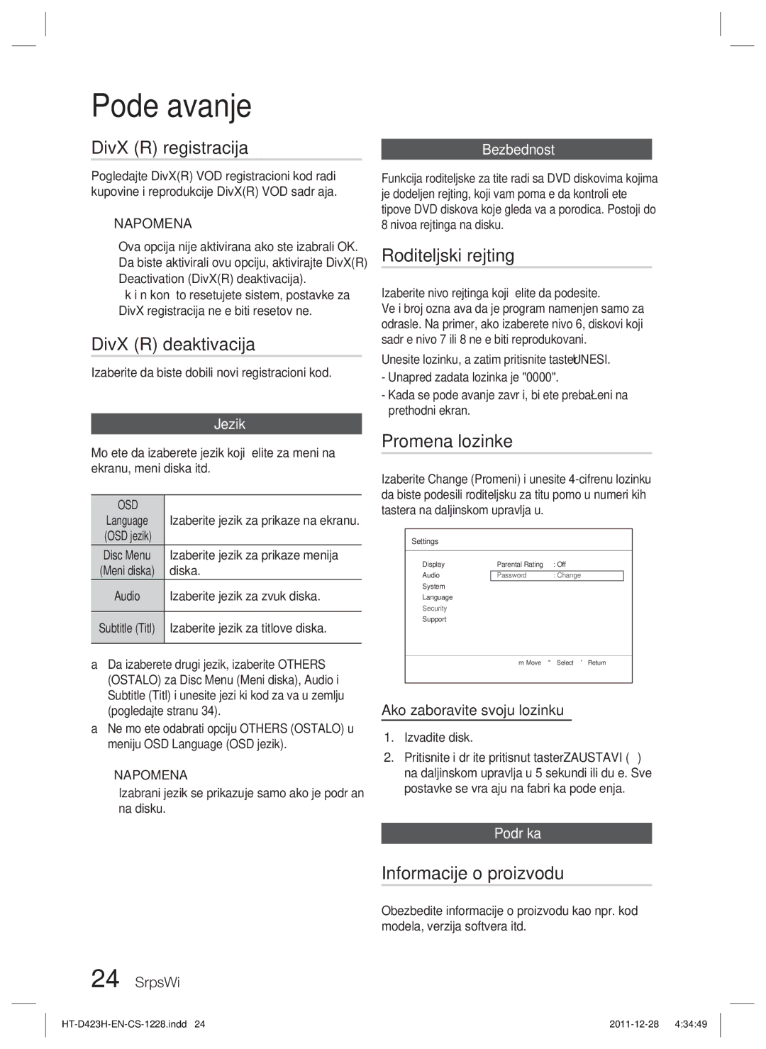 Samsung HT-D423H/EN manual DivX R registracija, DivX R deaktivacija, Roditeljski rejting, Promena lozinke 