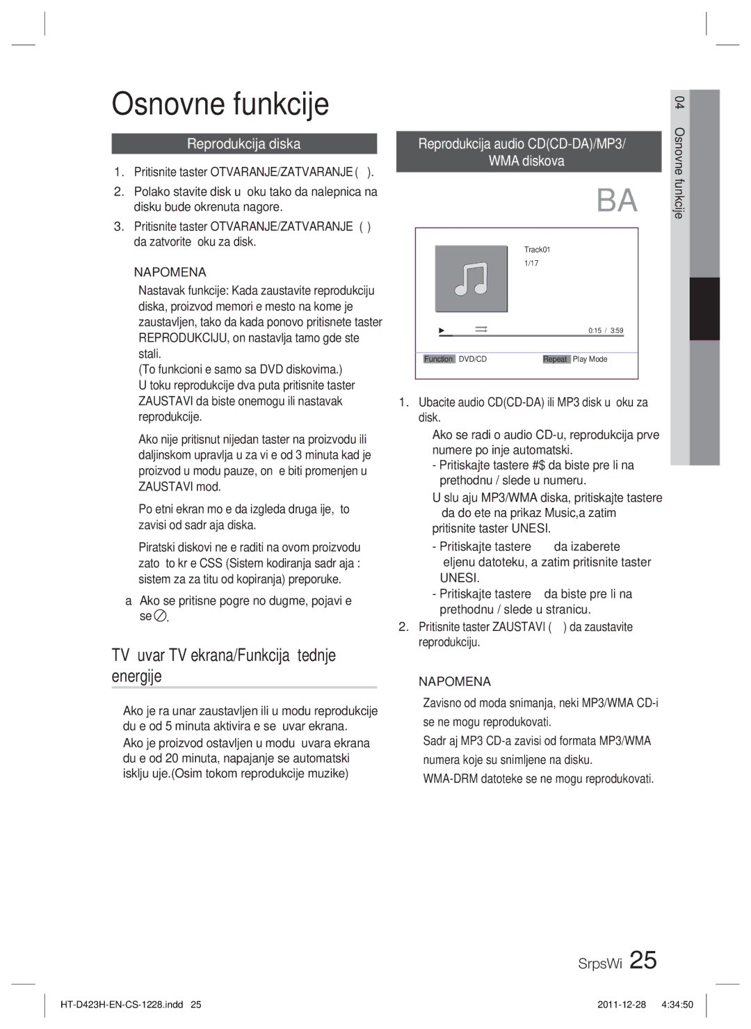 Samsung HT-D423H/EN manual Osnovne funkcije, TV Čuvar TV ekrana/Funkcija štednje energije, Reprodukcija diska, Unesi 